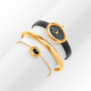 Monroe Leather Watch & Onyx Bracelet Set (Black/Gold)