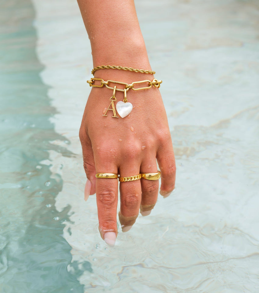 Letter & Birthstone Figaro Chain Bracelet (Gold)