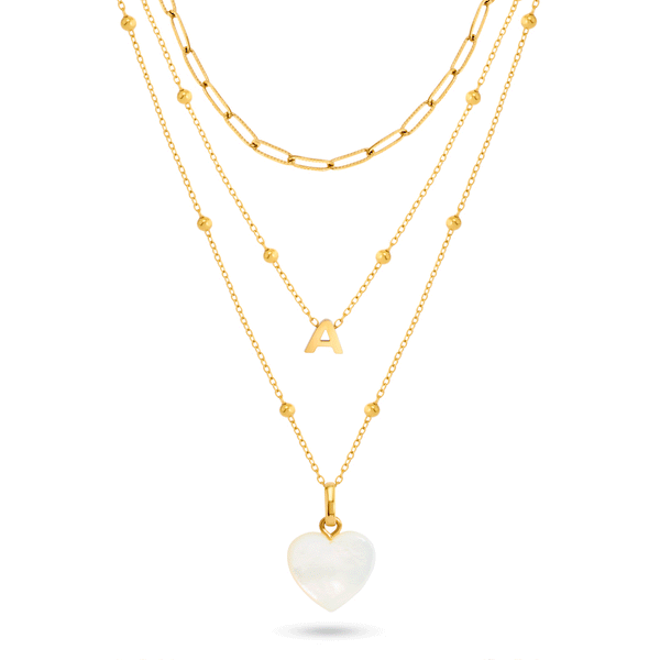 Mini Letter & Heart Birthstone Layered Necklace Set (Gold)