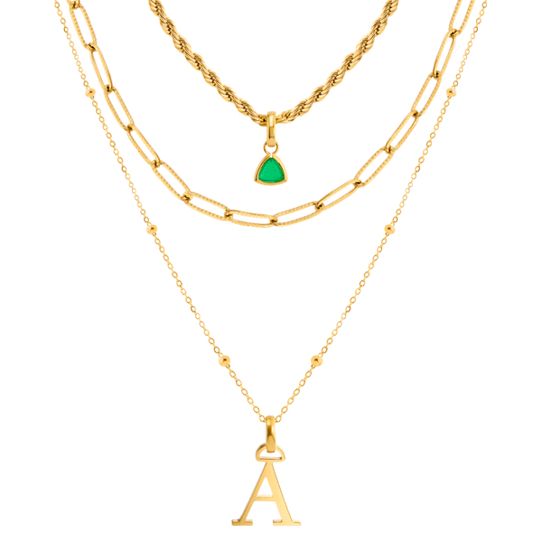 Initial & Droplet Birthstone Layered Necklace Set (Gold)