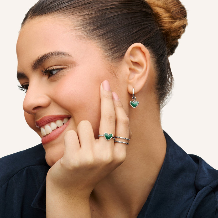Green Quartz Heart Huggie Earrings (Silver)