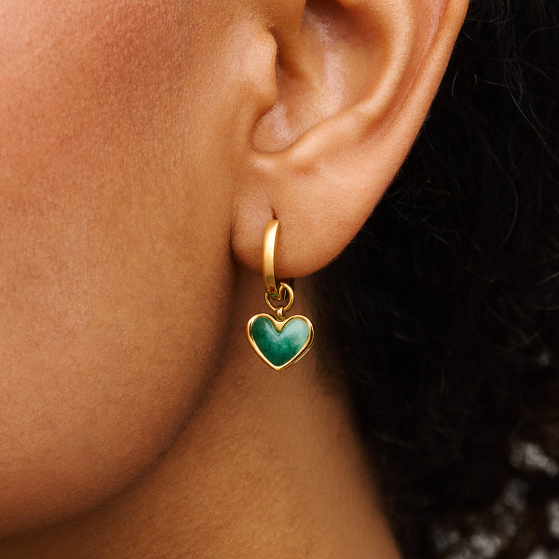Green Quartz Heart Ring & Huggie Earrings Set (Gold)