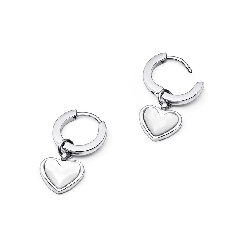 White Quartz Heart Huggie Earrings (Silver)