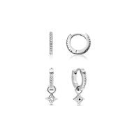 Moon and Back Star Huggie Earring Set (Silver)