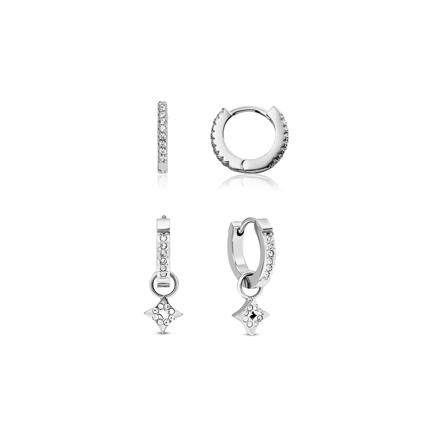 Moon and Back Star Huggie Earring Set (Silver)
