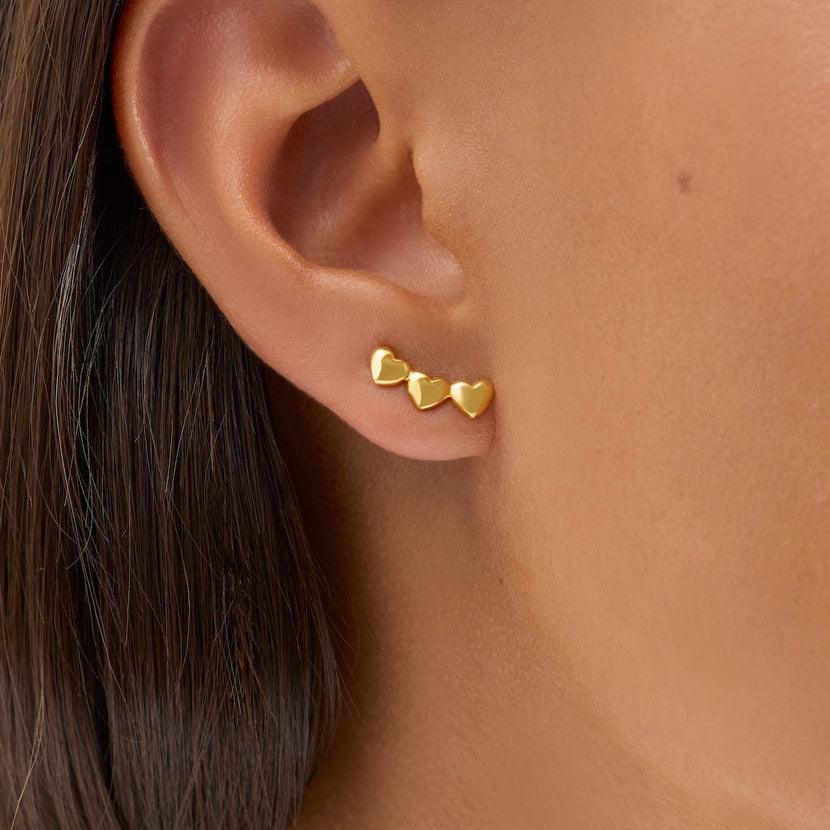Triple Heart Climber Earrings (Gold)
