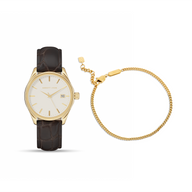 Men's 39mm Mayfair Brown Leather Watch & Fine Curb Chain Bracelet Set (Gold)