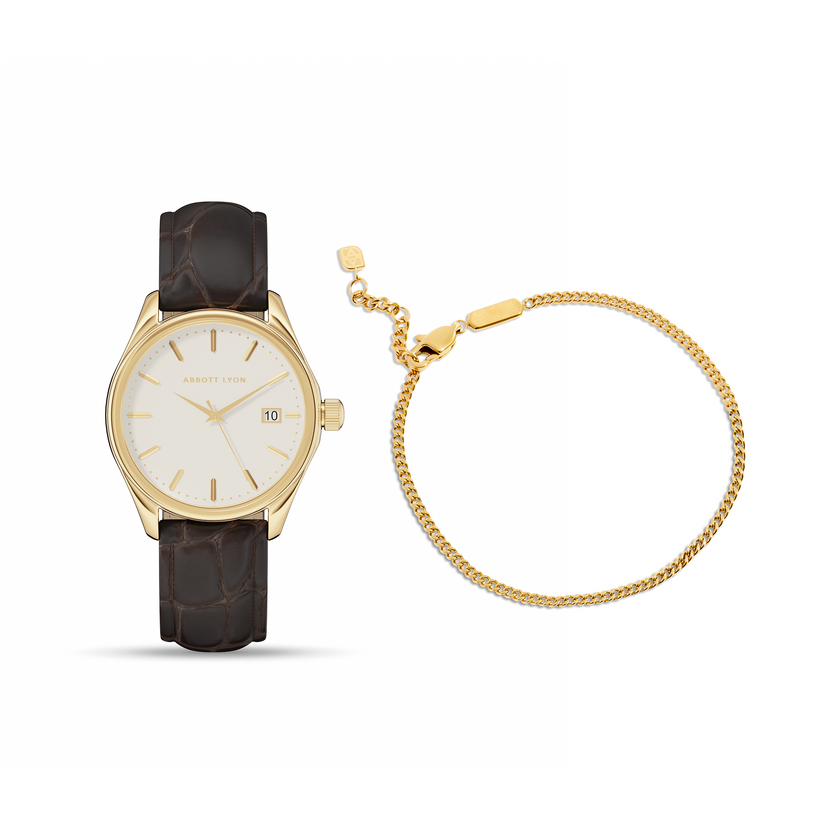 Men's 39mm Mayfair Brown Leather Watch & Fine Curb Chain Bracelet Set (Gold)