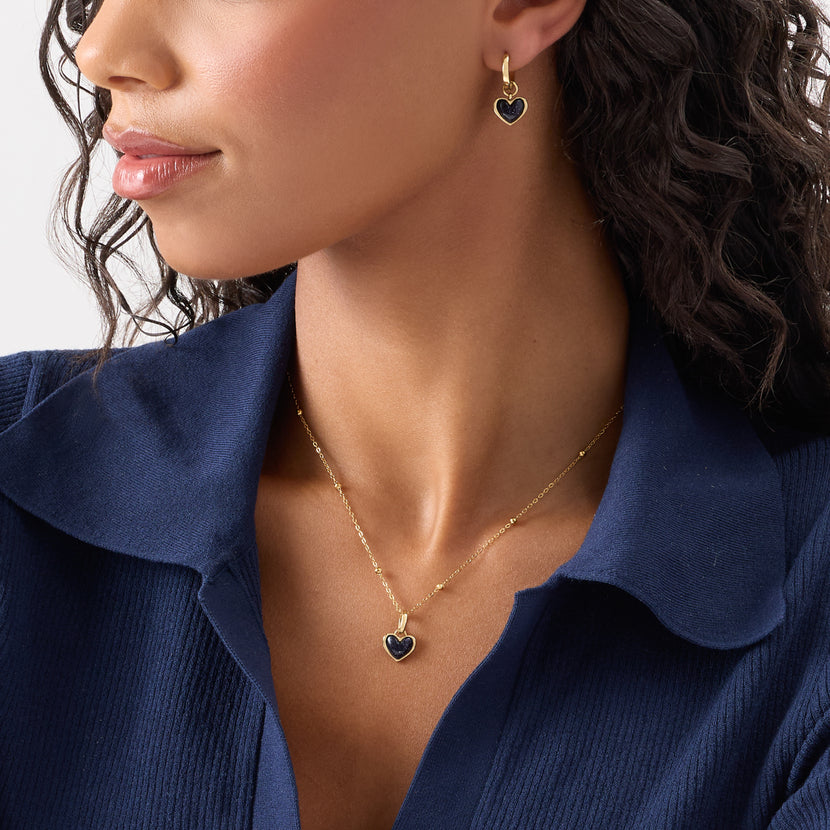 Midnight Blue Heart Necklace & Huggie Earrings Set (Gold)