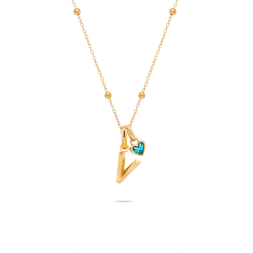 Knife Edge Initial & Birthstone Heart Necklace (Gold)