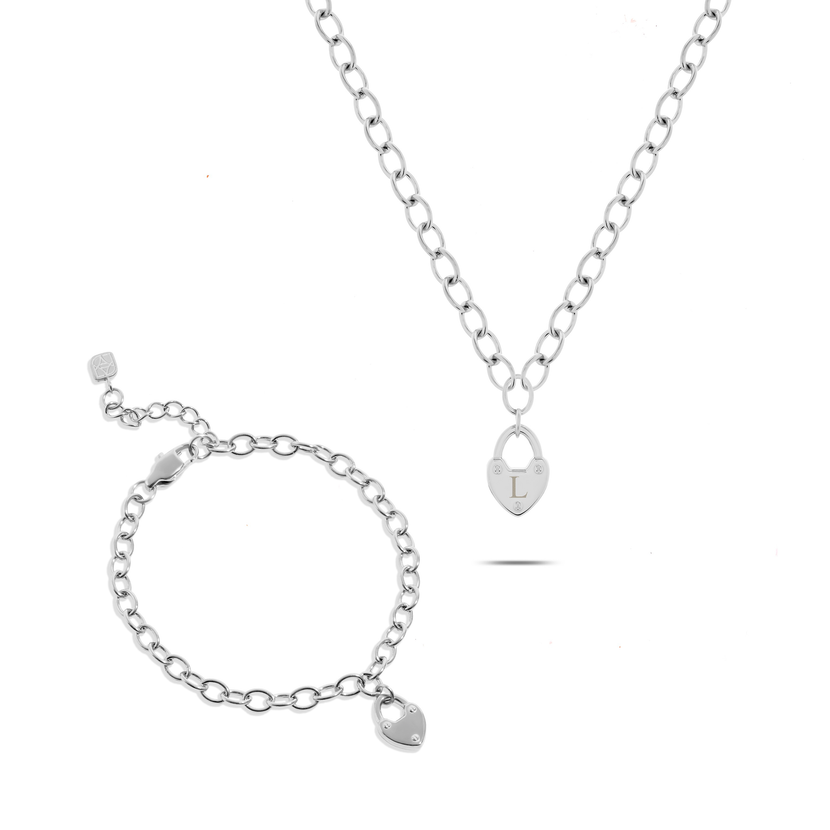 Love Locks Necklace & Bracelet Set (Silver)