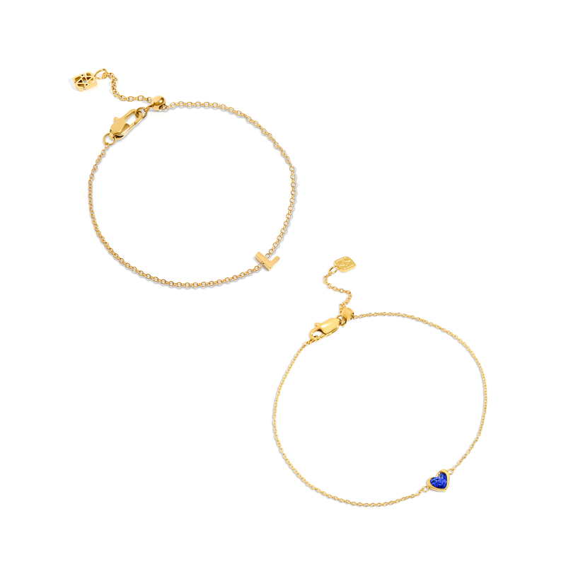 Mini Heart Birthstone & Initial Bracelet Set (Gold)