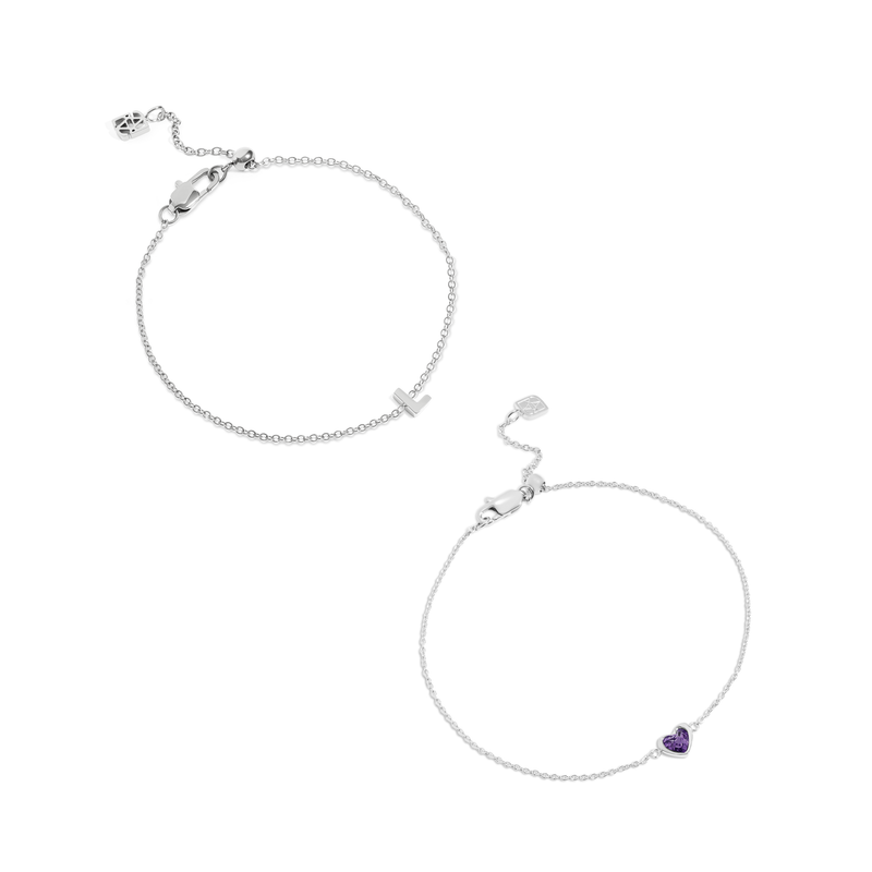 Mini Heart Birthstone & Initial Bracelet Set (Silver)