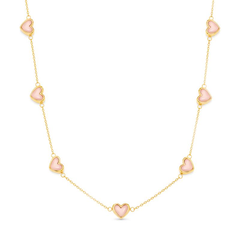 Multi Pale Pink Opal Mini Hearts Necklace (Gold)