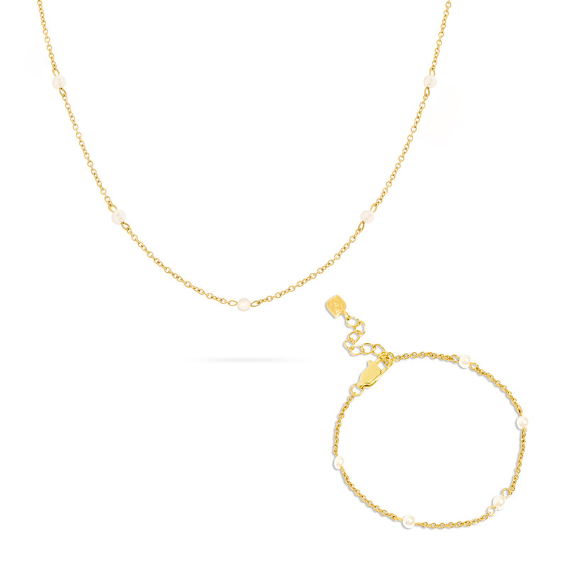 Pearlescent Stationed Necklace & Bracelet Set (Gold)