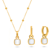 White Quartz Cushion Necklace & Earrings Set (Gold)
