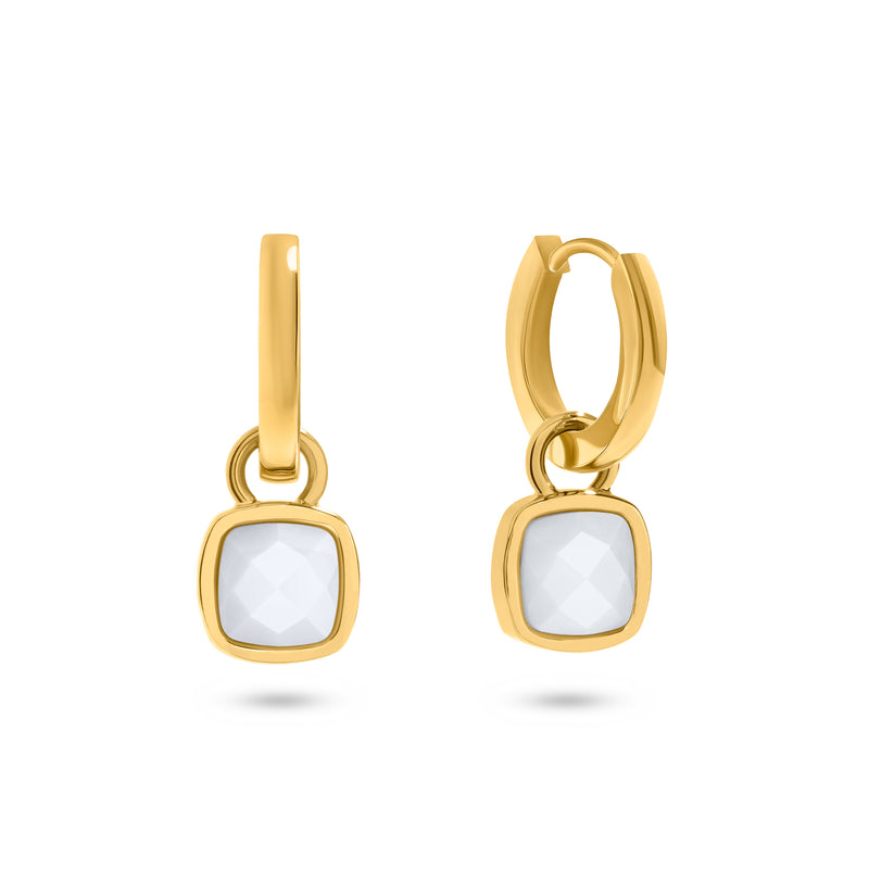 White Quartz Cushion Huggie Earrings (Gold)