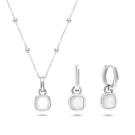 White Quartz Cushion Necklace & Earrings Set (Silver)