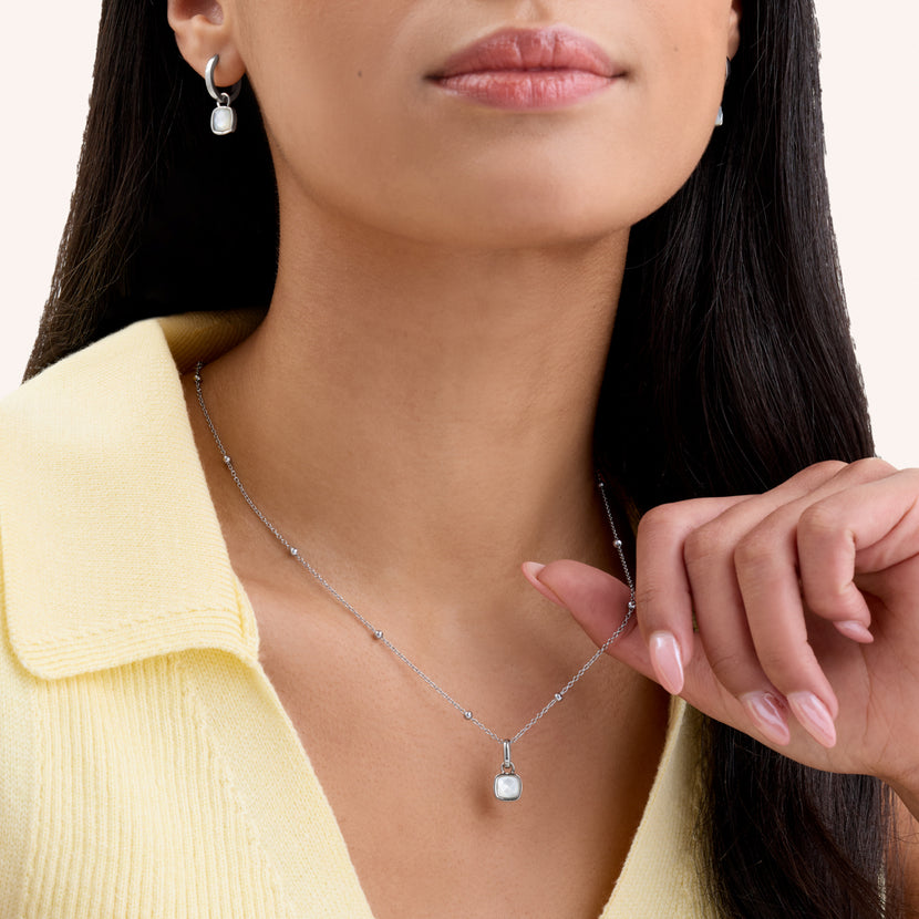 White Quartz Cushion Necklace & Earrings Set (Silver)