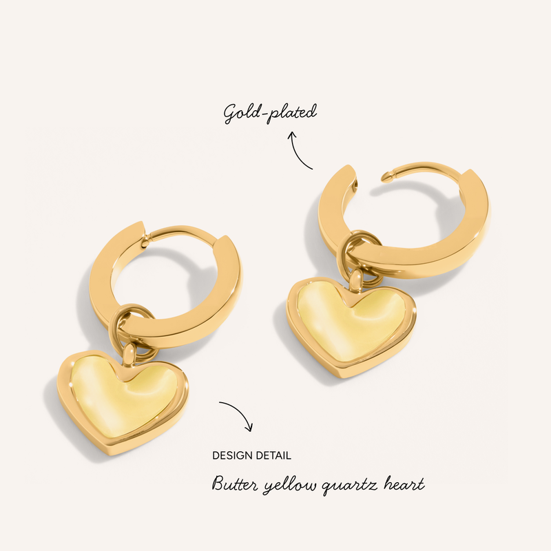 Butter Yellow Quartz Heart Huggie Earrings (Gold)
