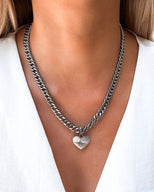 Heart Curb Chain Necklace (Silver)