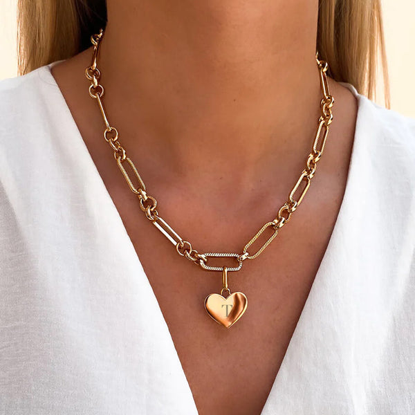 Heart Figaro Chain Necklace & Bracelet Set (Gold)
