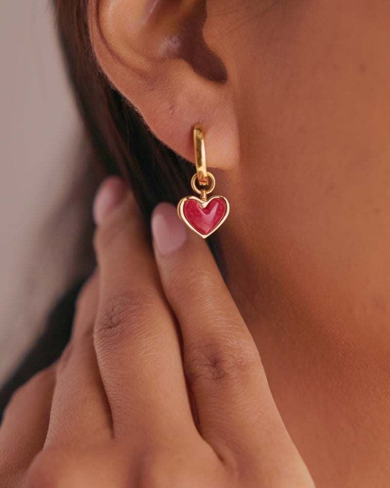 Fuchsia Quartz Heart Huggie Earrings (Gold)