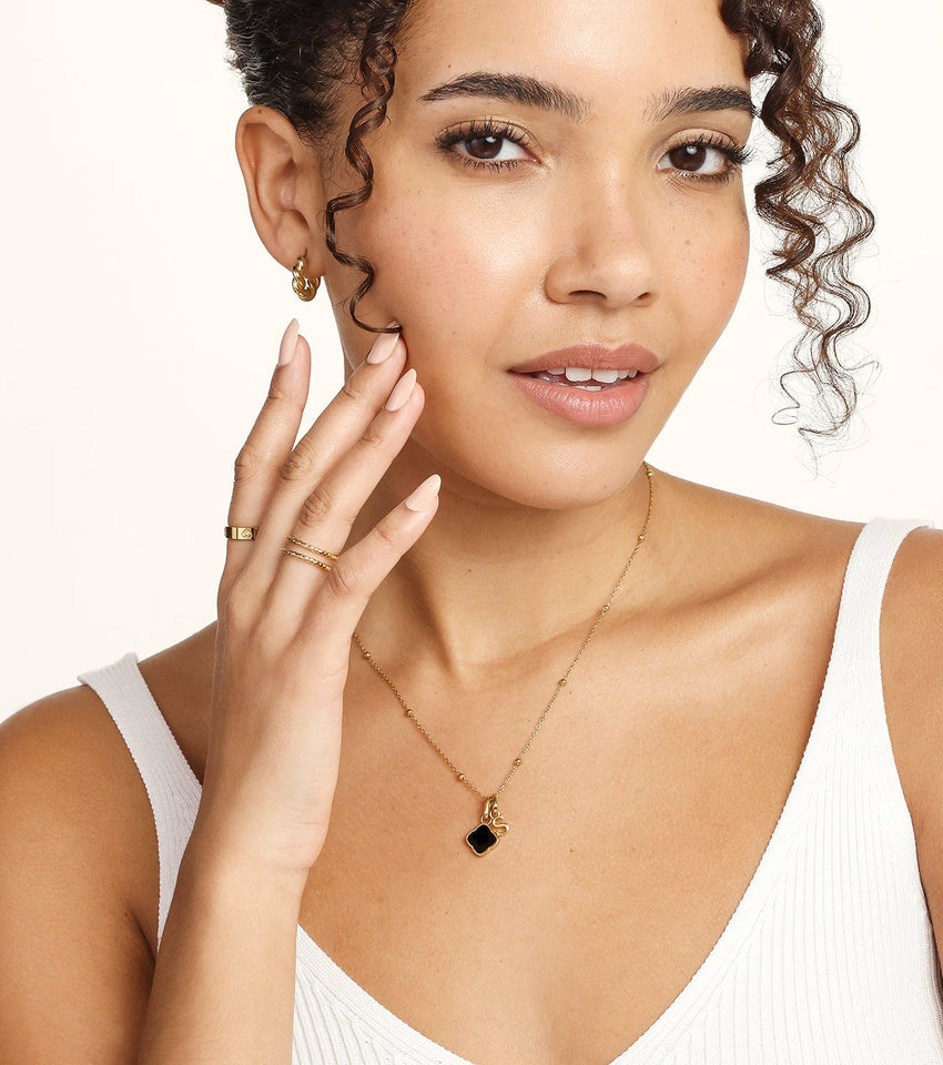 Black Enamel Clover & Initial Necklace (Gold)