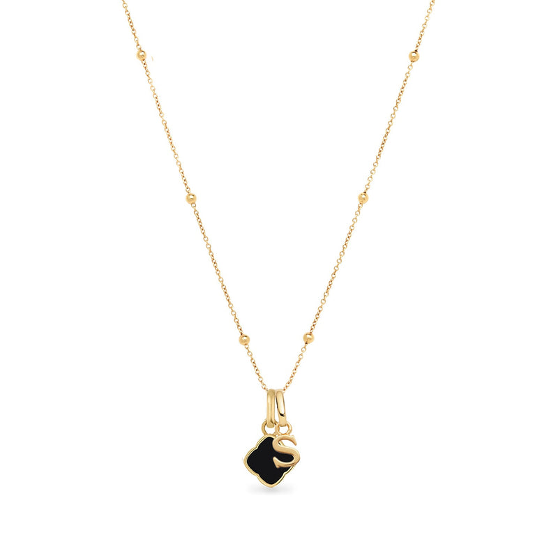 Black Enamel Clover & Initial Necklace (Gold)