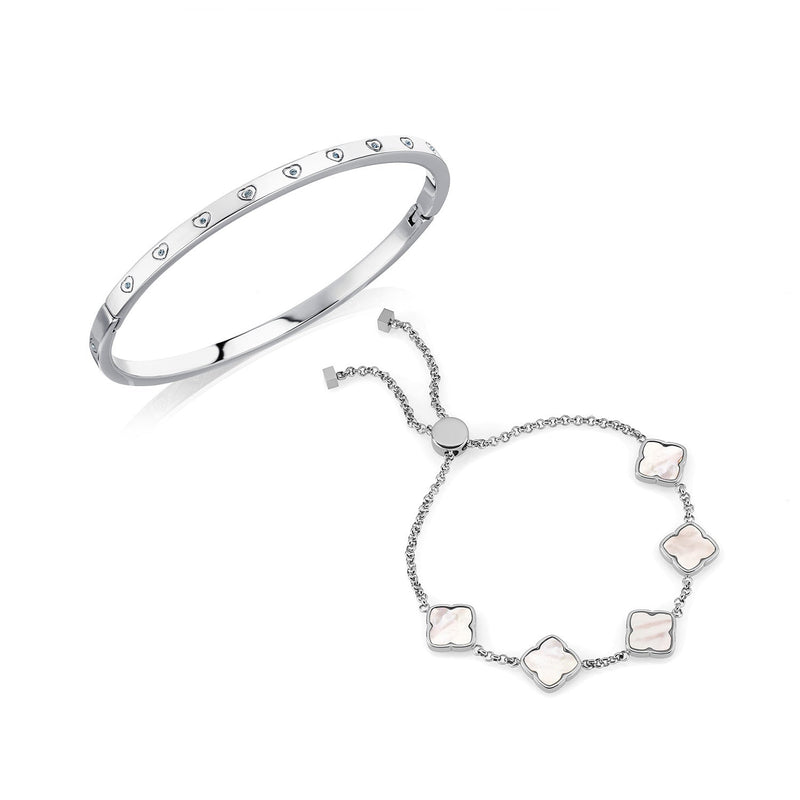 Crystal Heart Bangle & Multi Pearl Clover Bracelet Set (Silver)