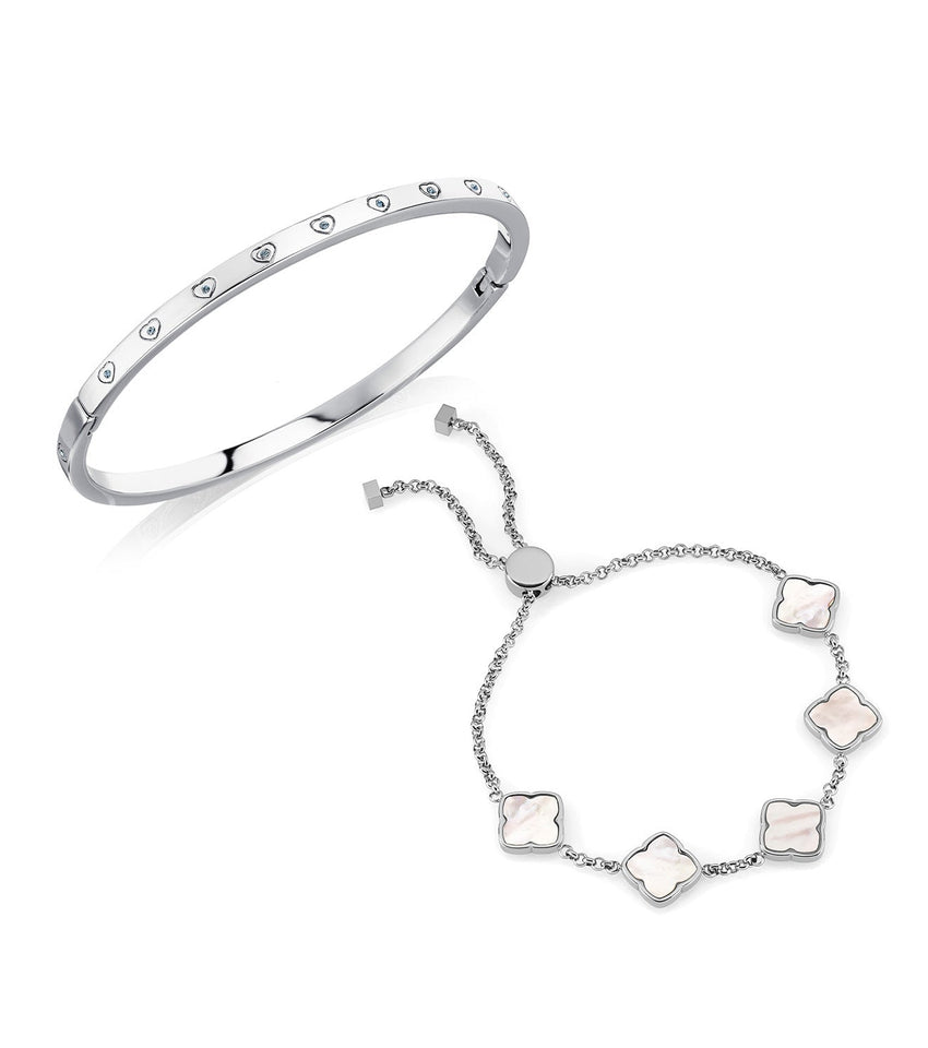 Crystal Heart Bangle & Multi Pearl Clover Bracelet Bundle (Silver)