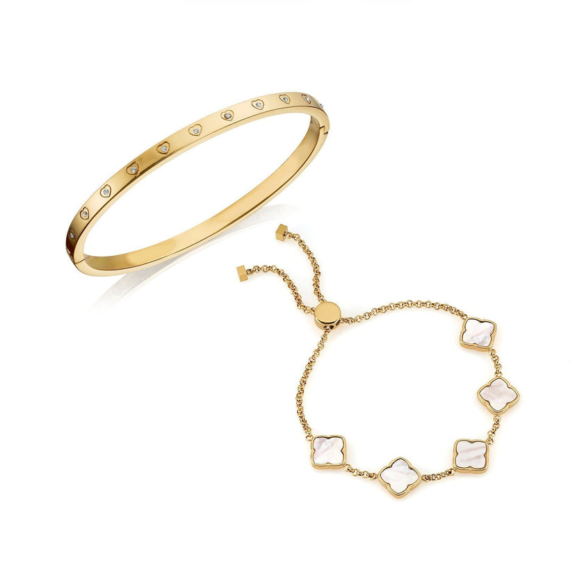 Crystal Heart Bangle & Multi Pearl Clover Bracelet Set (Gold)