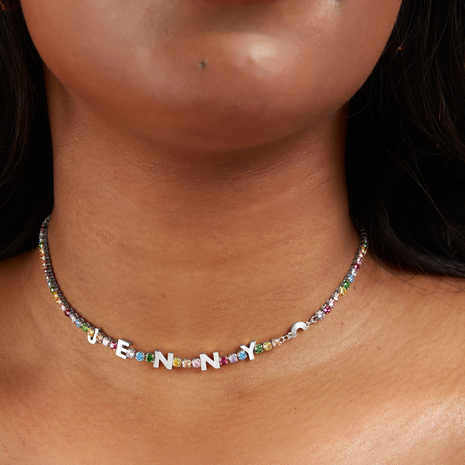 Custom Name Rainbow Tennis Necklace (Silver)