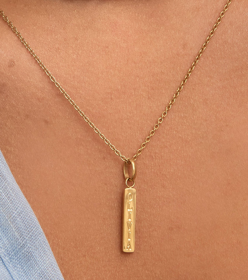 Custom Stamped Name Bar Pendant Necklace (Gold)