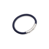 Mens Navy Leather Bracelet (Silver)