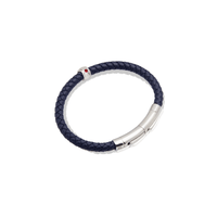 Mens Navy Leather Bracelet (Silver)