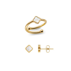 Mini Pearl Clover Ring & Earrings Set (Gold)