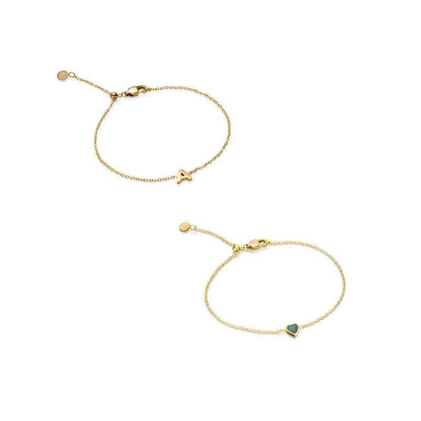 Mini Heart Birthstone & Initial Bracelet Set (Gold)