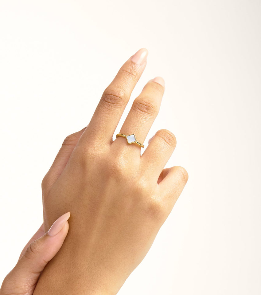 Crystal Heart & Pearl Clover Ring Set (Gold)