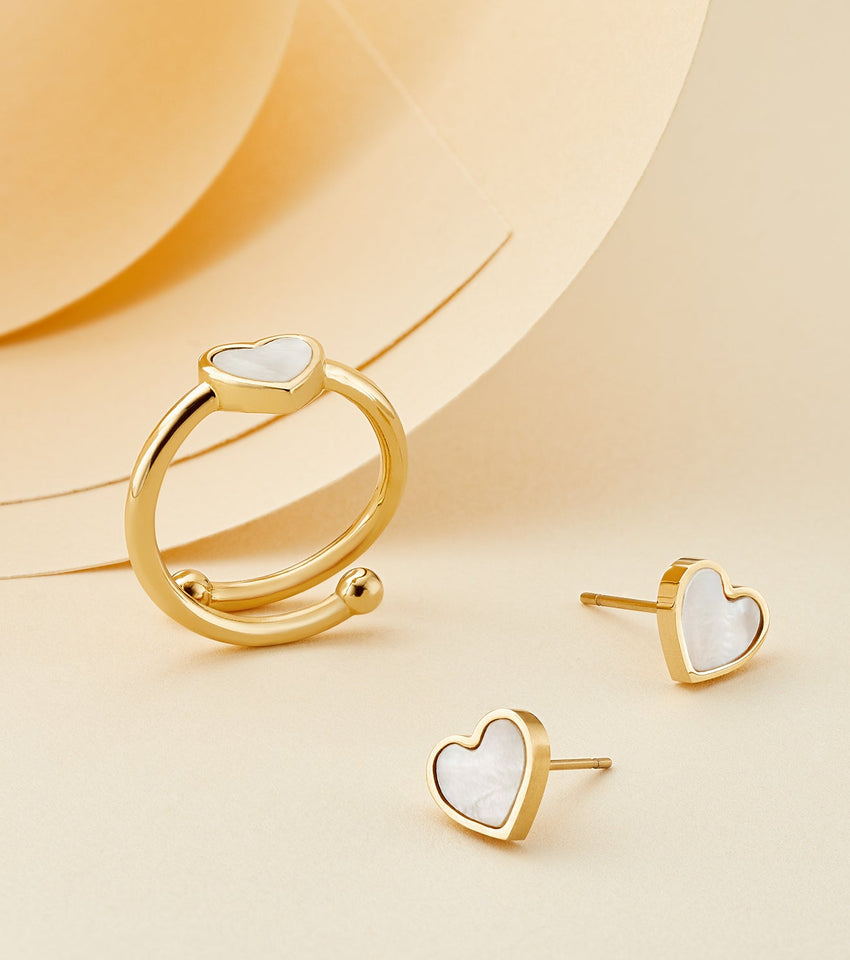 Mini Pearl Heart Ring & Earrings Bundle (Gold)