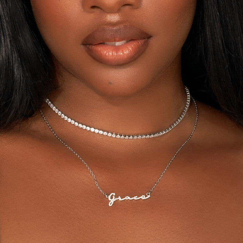 Crystal Signature Name Necklace (Silver)
