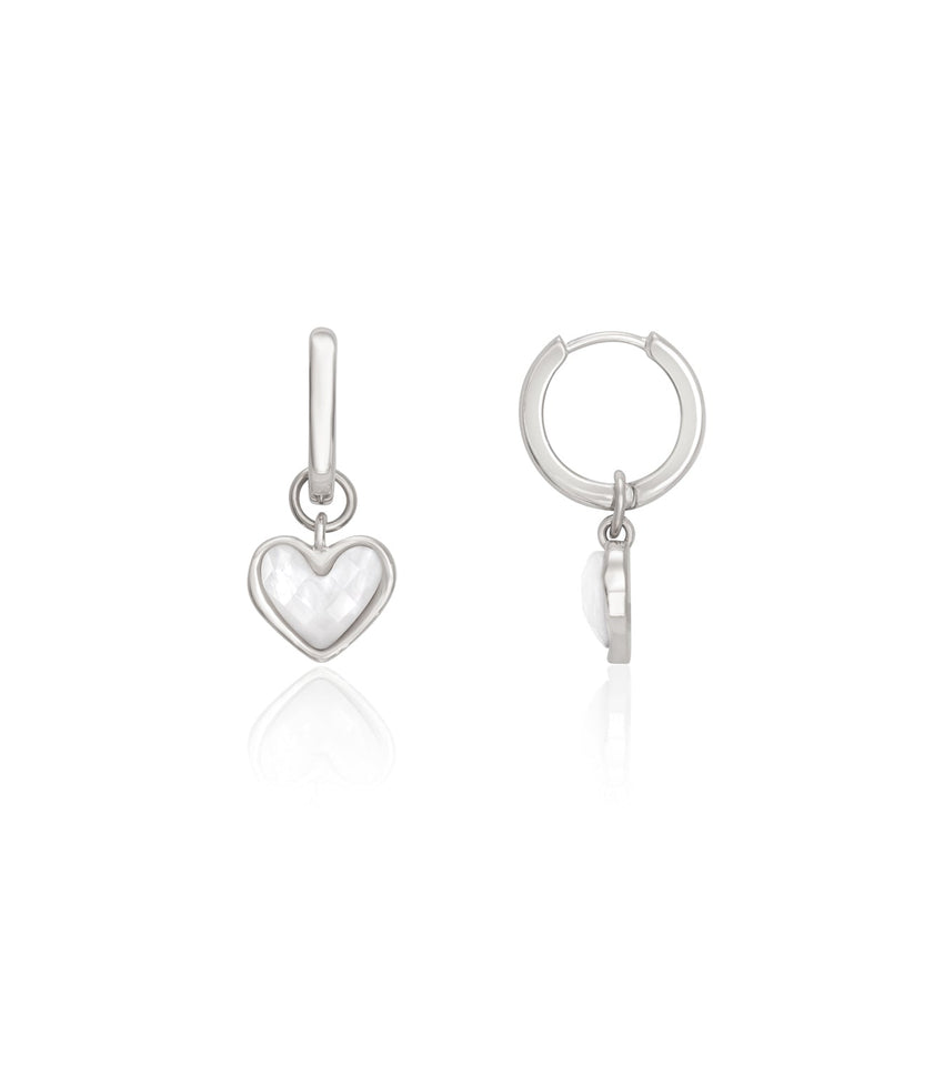 White Quartz Heart Huggie Earrings (Silver)