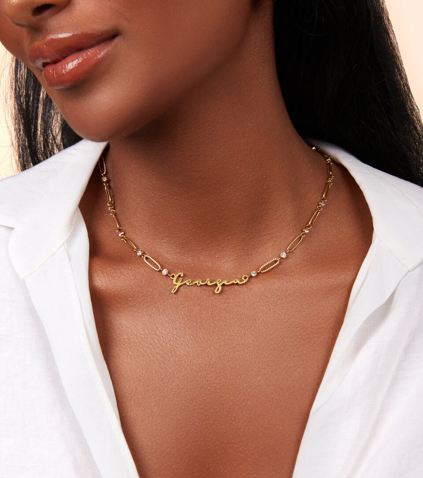 Crystal Paperclip Chain Name Necklace (Gold)