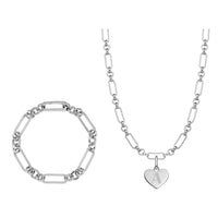 Heart Figaro Chain Necklace & Bracelet Bundle (Silver)