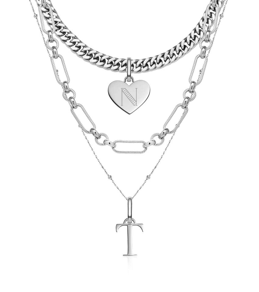 Heart & Letter Multi Chain Layered Set (Silver)
