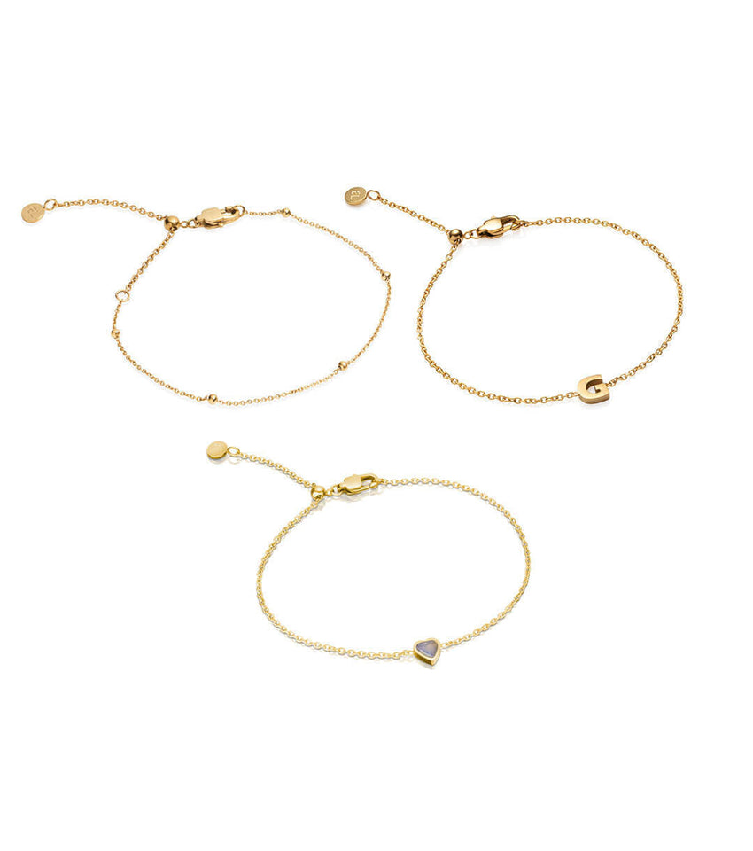 Mini Birthstone & Letter Bracelet Set (Gold)