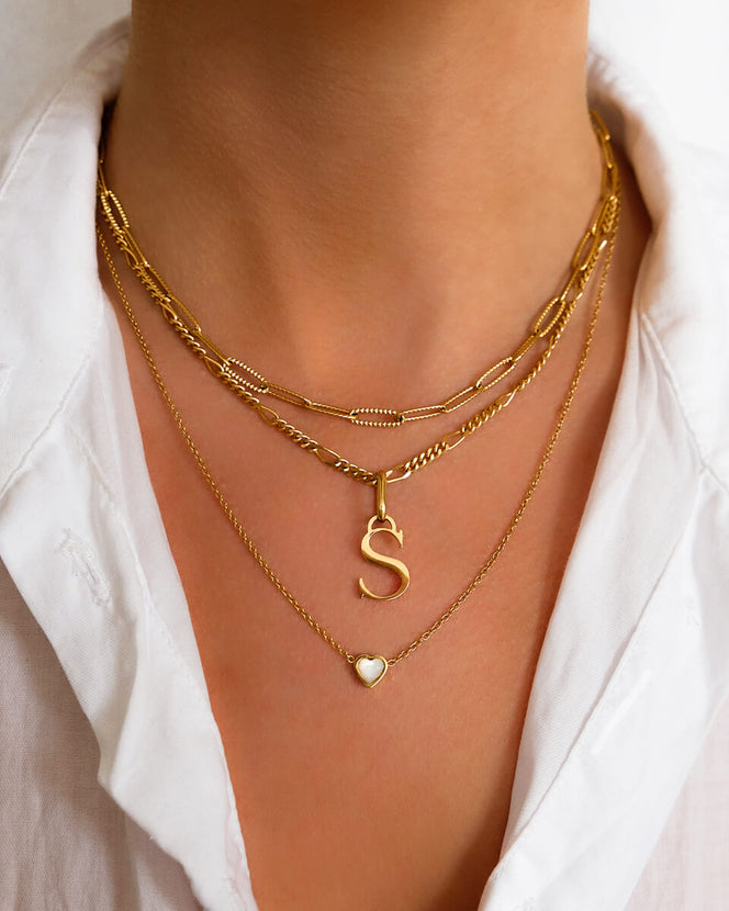 Mini Heart Birthstone & Initial Layered Necklace Set (Gold)