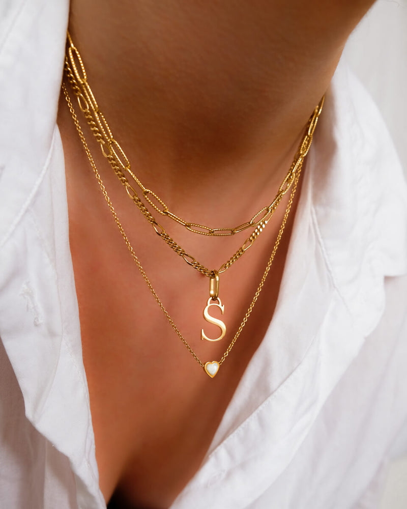 Mini Heart Birthstone & Initial Layered Necklace Set (Gold)