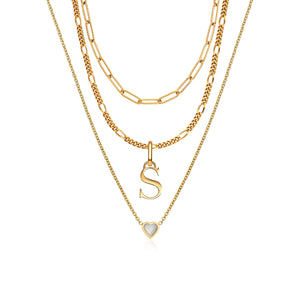 Mini Heart Birthstone & Initial Layered Necklace Set (Gold)
