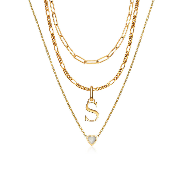 Mini Heart Birthstone & Initial Layered Necklace Set (Gold)